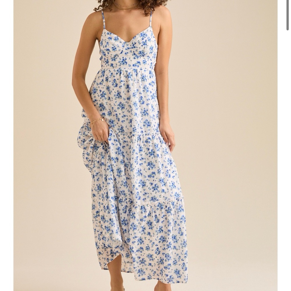 Altar'd State White Maxi Dress with Blue Floral Print